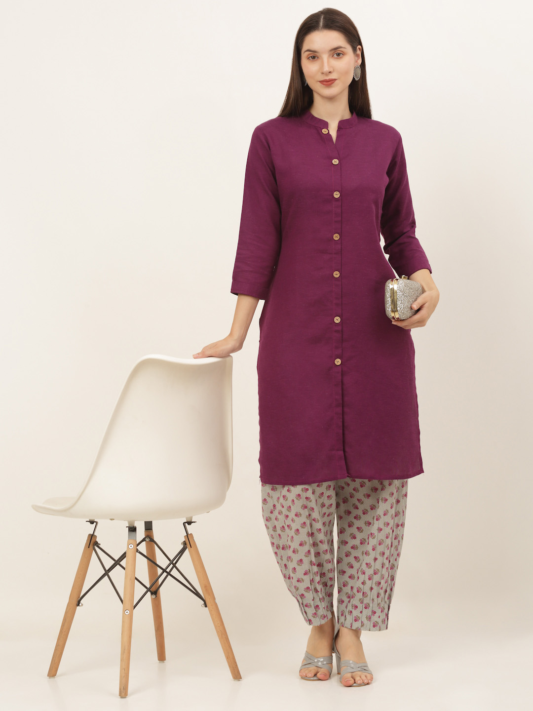 Women Grey and Purple Printed Pure Cotton Salwar